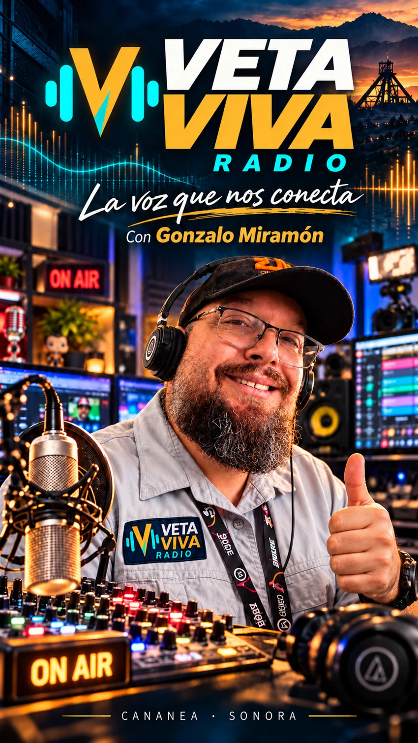 Cartel promocional de Veta Viva Radio con Gonzalo Miramón mostrando el pulgar arriba.